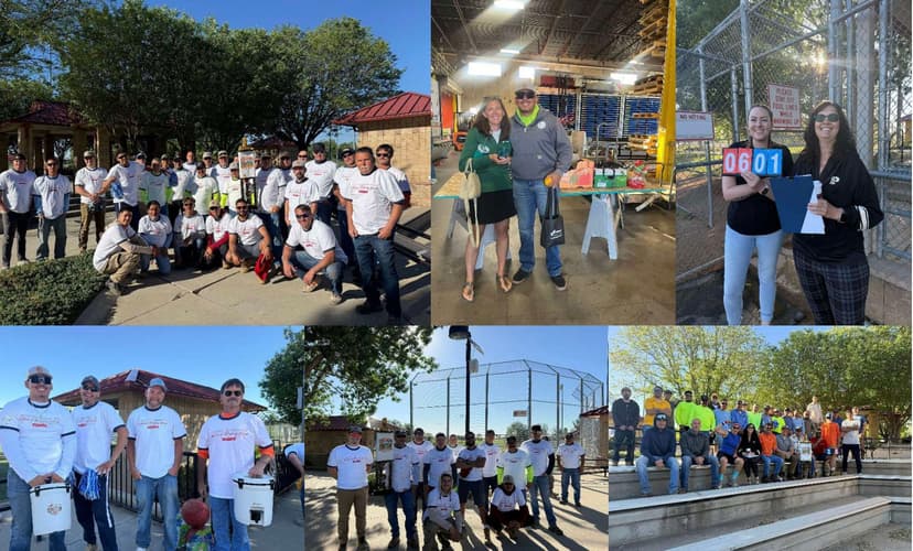 Community volunteers in matching shirts participate in various outdoor activities and events.